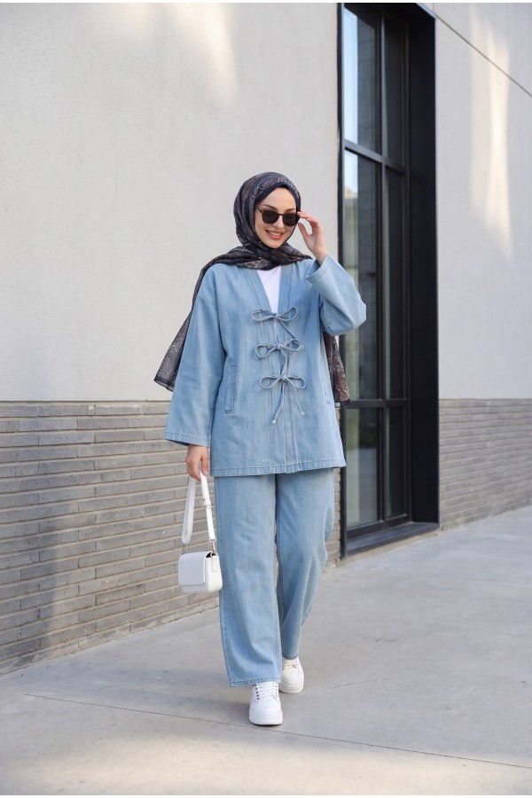 Önü Bağlamalı Cepli Pantolonlu Kot Kimono Takım   -Açık Mavi