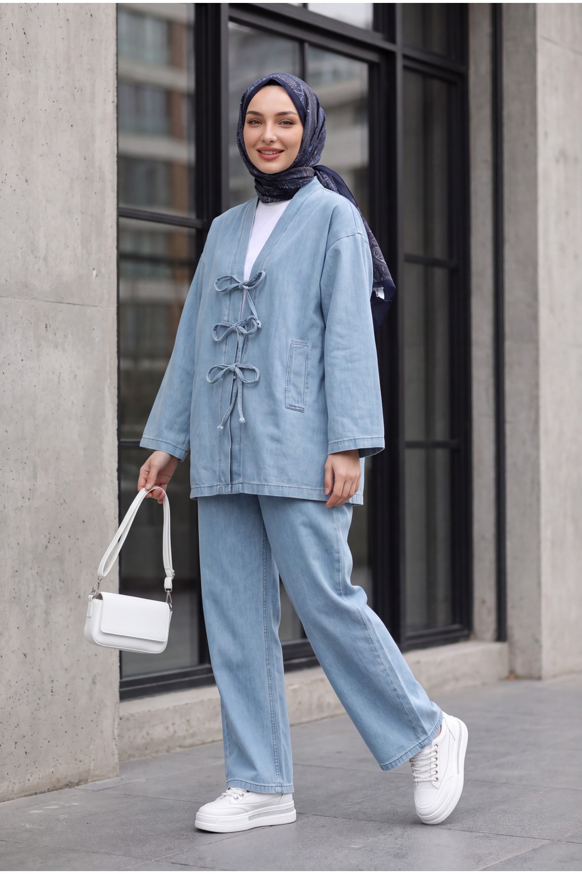 Front Tie Pocket Trouser Denim Kimono Set -Light blue