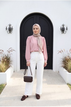 Top Düğmeli V Yaka Jakarlı Krinkıl Tunik  -Pembe