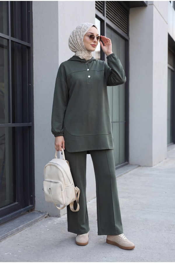 Hooded, Half-Buttoned, Elasticated Cuff Pants with Pockets Oysho Set -Camouflage