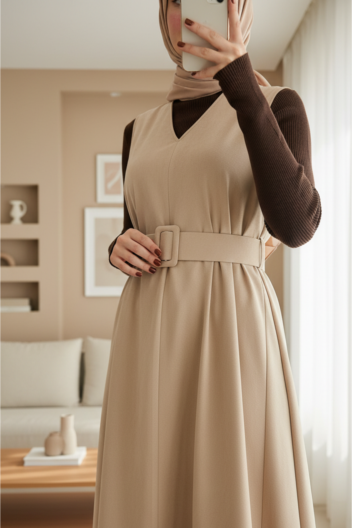 Women's V-Neck Suede Dress with Belt Detail  