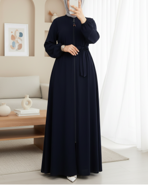 Fermuarlı Kolu Lastikli Beli Kemerli Medine İpeği  Ferace -Laci