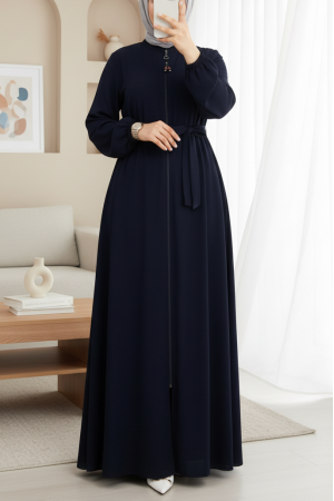 Fermuarlı Kolu Lastikli Beli Kemerli Medine İpeği  Ferace -Laci