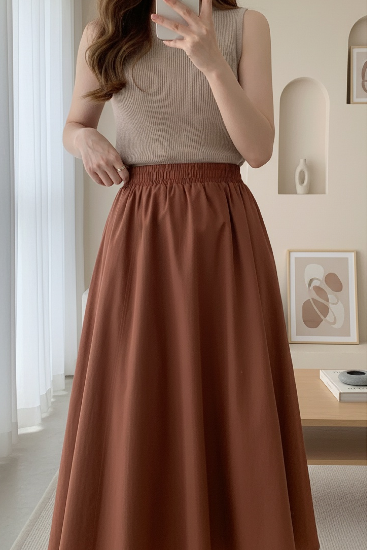 Double Pocket Poplin Flared Skirt with Elastic Waist       -Brick color