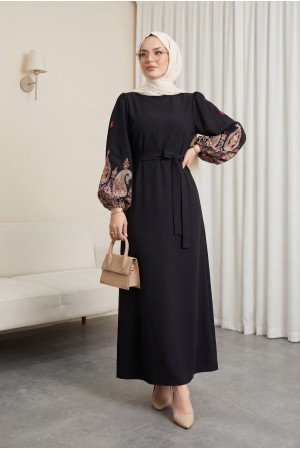 Kolu İşleme Tüllü Bağcıklı Kalem Elbise -Siyah