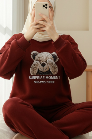 Ayıcık Baskılı Şardonlu 3 İplik Sweat Takım  -Bordo