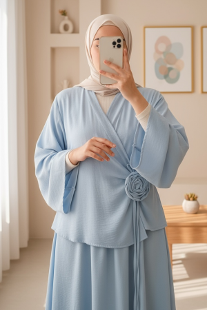 Gül Broşlu Yandan Bağlamalı Ceket Etek Keten Takım -Bebe Mavi