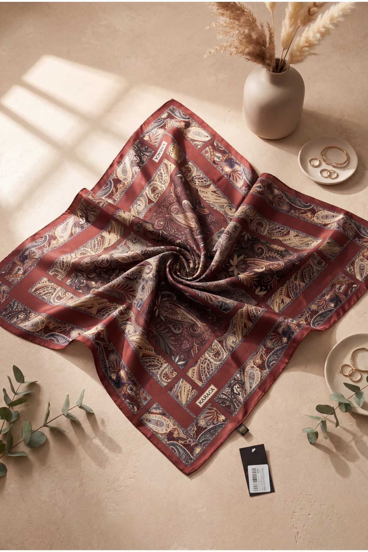 Geometric Framed Rayon Scarf -Maroon