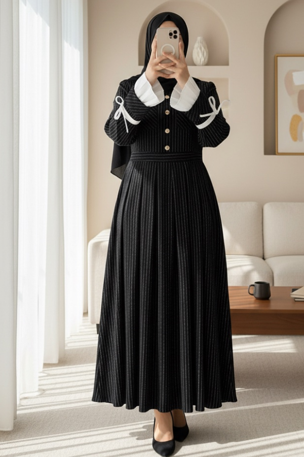 Pleated Dress with Padded Shoulders, Laced Sleeves, Button Detail and Pocket -Black