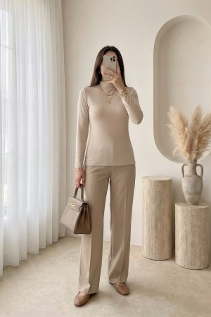 Dik Yaka Uzun Kol İçlik Bluz -Bej