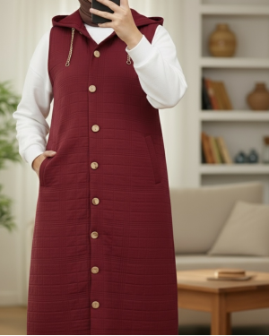 Quilted Vest with Buttoned Front and Chain Detailed Hood -Maroon