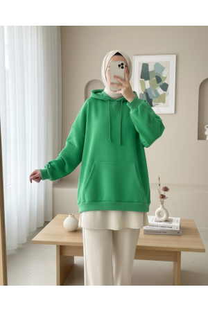 Kapşonlu Kanguru Cepli Şardonlu Sweat -Yeşil