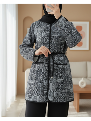 Beli Bağlamalı Çift Cepli Desenli Scuba Takım -Siyah