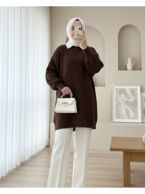 Bisiklet Yaka Baklava Desen Triko Kazak             -K. Kahve