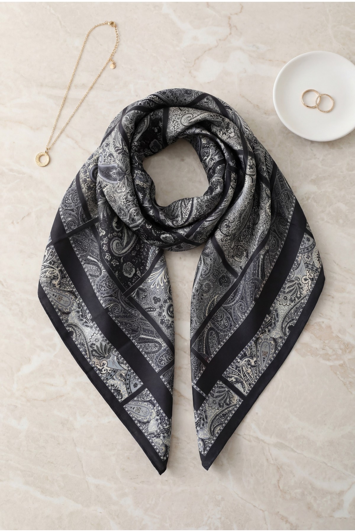 Geometric Framed Rayon Scarf -Grey