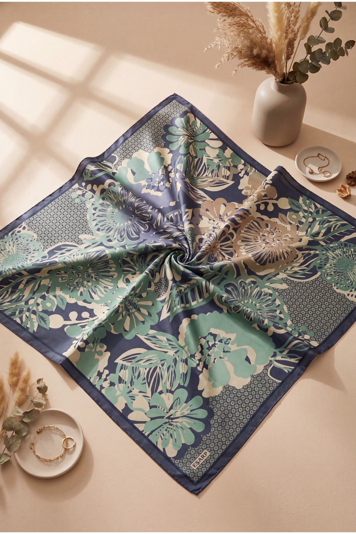 Botanical Effect Rayon Scarf -Mint Color
