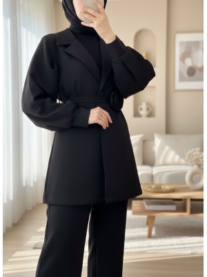 Kemeri Gül Detaylı Kruvaze Yaka Ceket Pantolon Takım  -Siyah