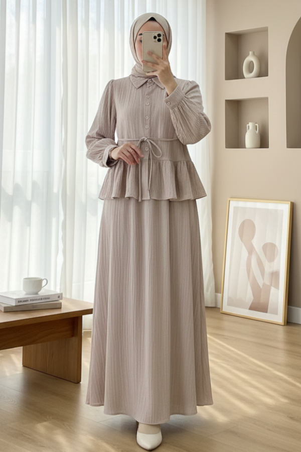 Skirt Suit with Frilled Buttons and Tied Waist -Mink color