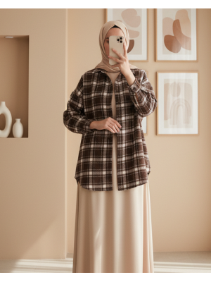 Kadın Ekose Desen Oversize Oduncu Gömlek 3854 C. Kahverengi