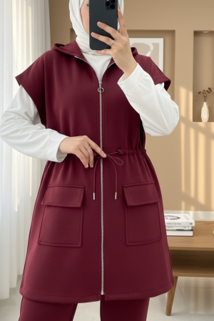 Çift Cepli Fermuarlı Lastik Detaylı Kısakollu Scuba Takım  -Bordo