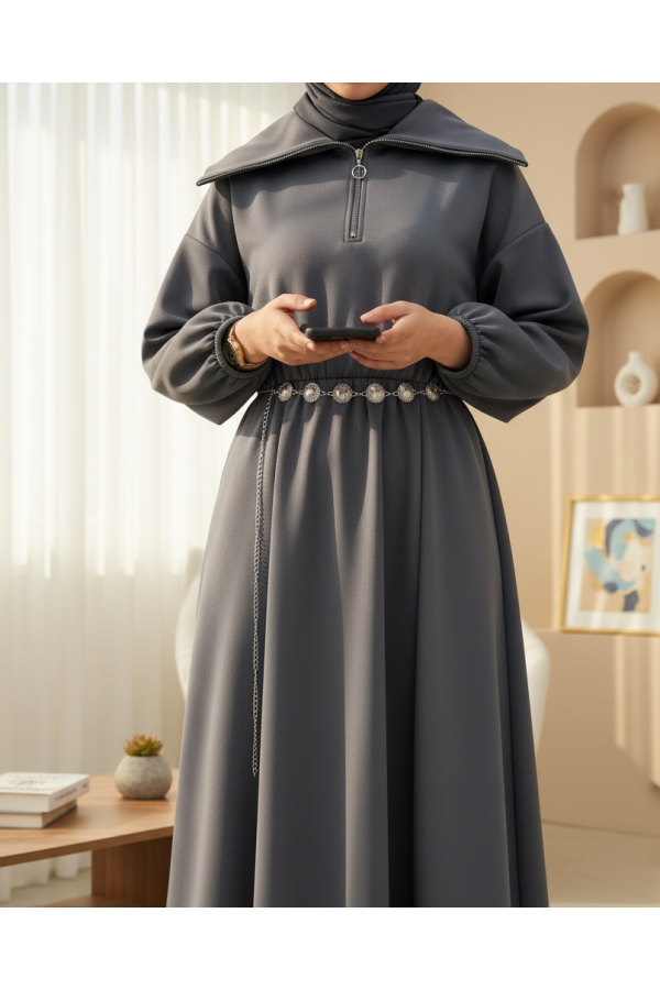 Turtleneck Half Zippered Scuba Dress with Gathered Waist and Belt  -Smoked 