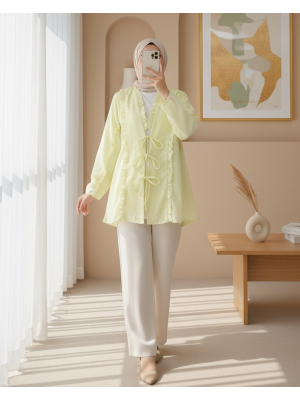 Önü Ve Kolu Fırfırlı Bağlamalı Keten Gömlek -Açık Sarı