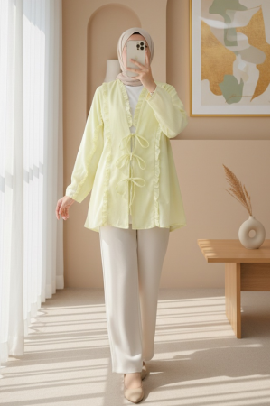 Linen Shirt with Ruffled Front and Sleeves -Light yellow