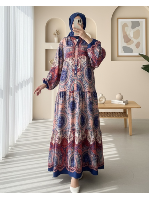 Dik Yaka Yarım Düğmeli Parçalı Elbise    -Yavruağzı