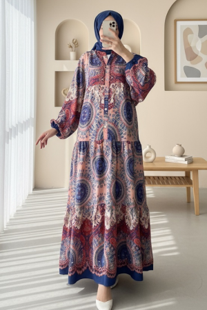 Dik Yaka Yarım Düğmeli Parçalı Elbise    -Yavruağzı