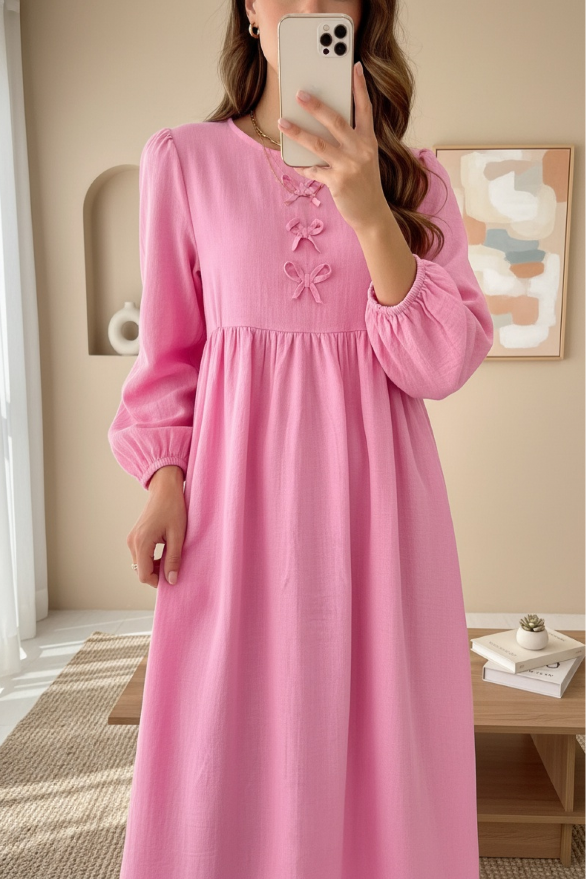 Muslin Dress with Elastic Sleeves and Bow Detail on the Front -Pink