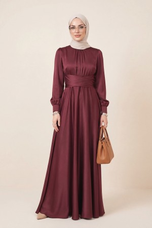 Beli Çapraz Bağlamalı Yuvarlak Yaka Saten Elbise -Bordo