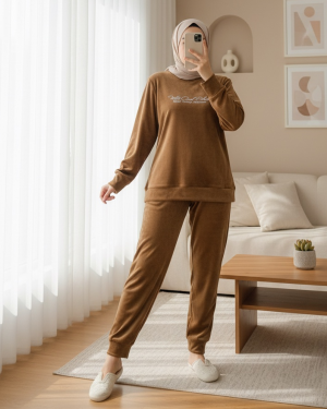French Velvet Pajama Set with Embossed Text -Cinnamon