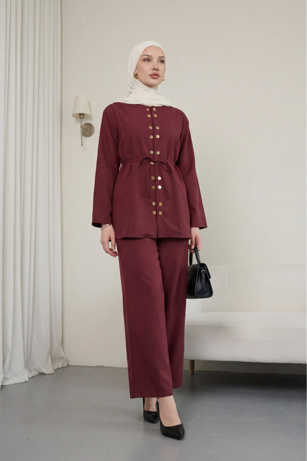 Modal Suit with Double Snap Button Detail, Round Neck, Wide Leg Trousers -Maroon