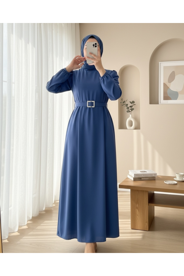Watermelon Sleeve Buckle Belted Dress -İndigo
