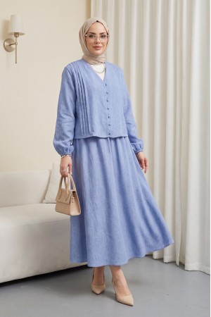 V Yaka Önü Düğmeli Plise Detaylı Keten Takım -Mavi