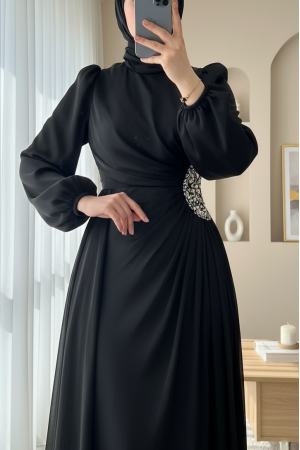 Kolu Lastikli Taş Detaylı Astarlı Janjan Abiye -Siyah