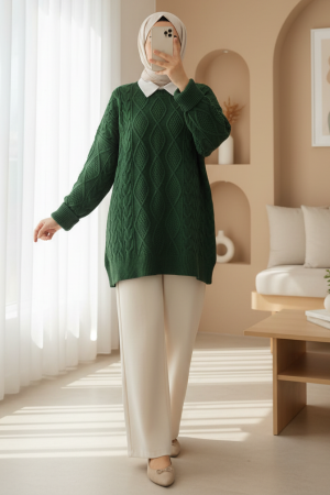 Honeycomb Pattern Loose Knitwear Sweater           -Dark green