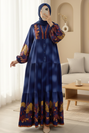 Dik Yaka Yarım Düğmeli Kolu Lastikli Desenli Elbise -Parlement