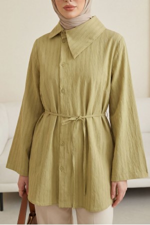 Side Collar, Button-Down, Striped, Lace-Up Crinkle Shirt -Oil Green