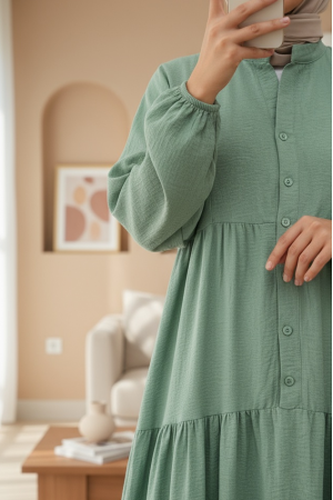 فستان أيروبين قطني نصف أزرار مع ياقة جد -بحري