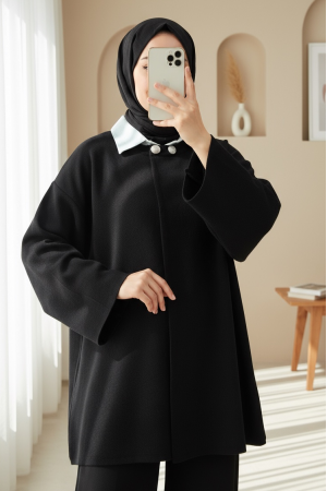 Çift Düğmeli Salaş Triko Panço  -Siyah