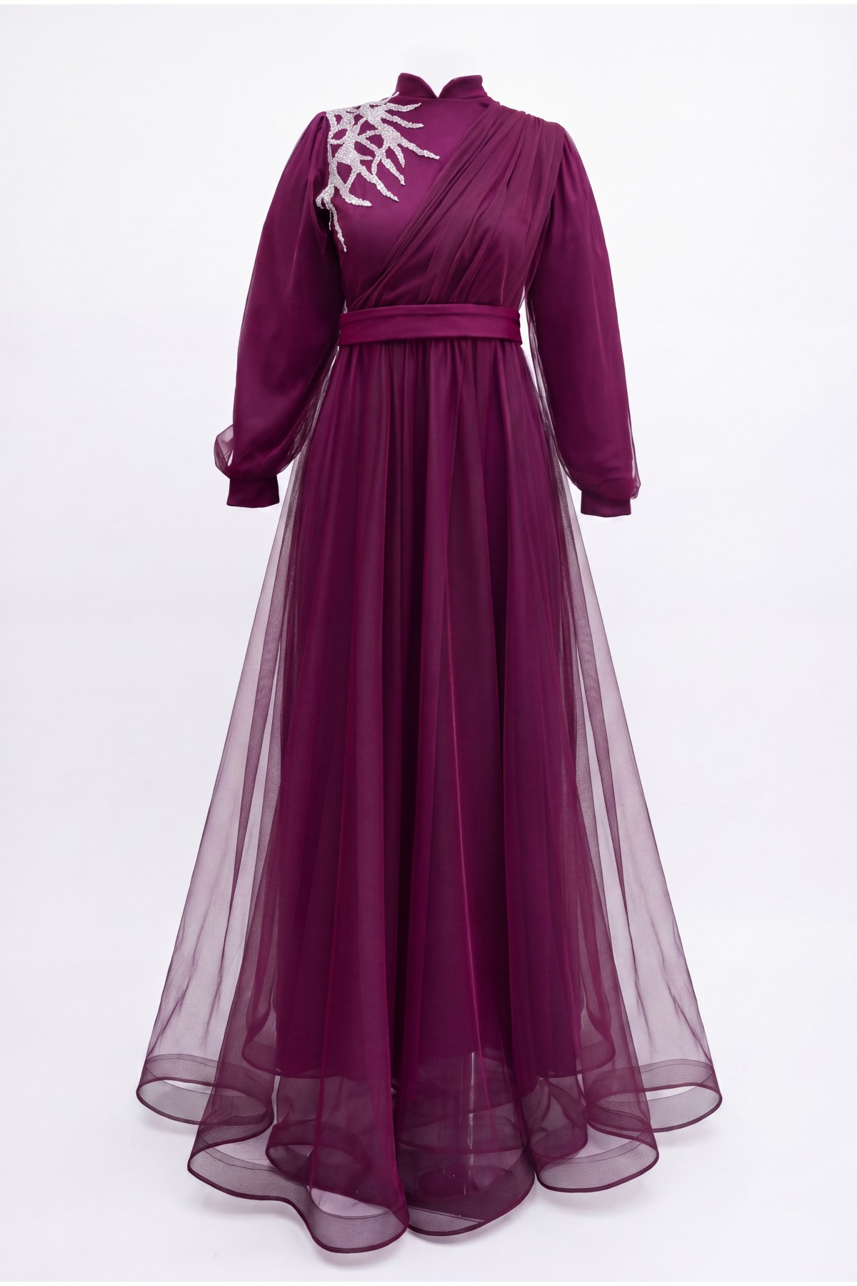 Stone Detailed Draped Belt Tulle Evening Dress      -Damson