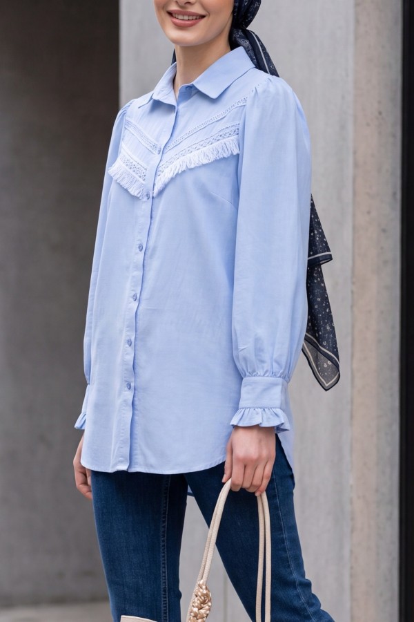 Raw Linen Balloon Sleeve Shirt with Guipure Tassels   -Baby Blue