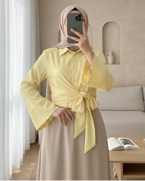 Yan Bağlamalı İspanyol Kol Düğmeli Gömlek   -Sarı