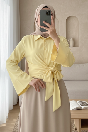 Yan Bağlamalı İspanyol Kol Düğmeli Gömlek   -Sarı