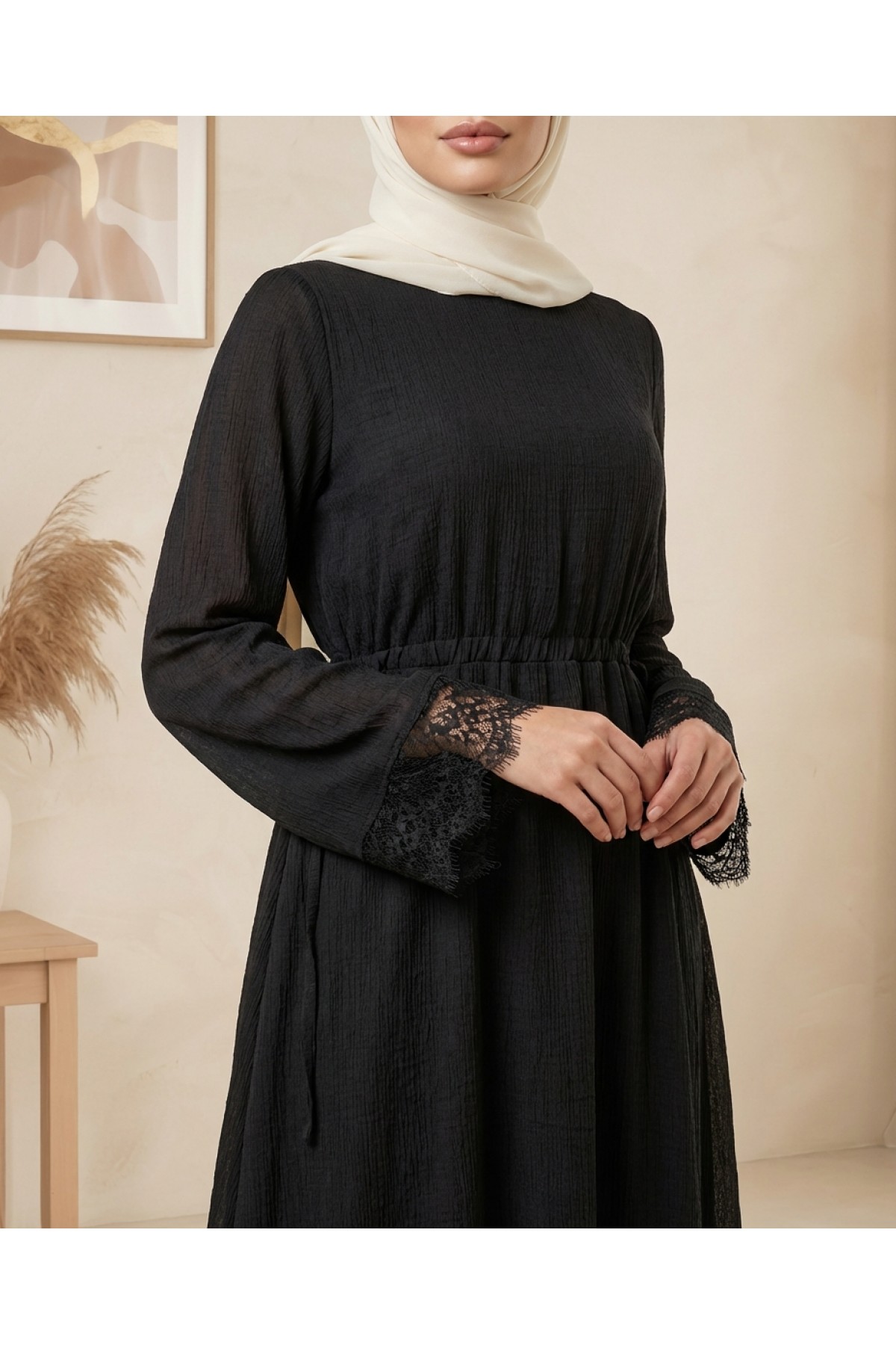 Women's Long Dress with Lace Detail and Waist Tie