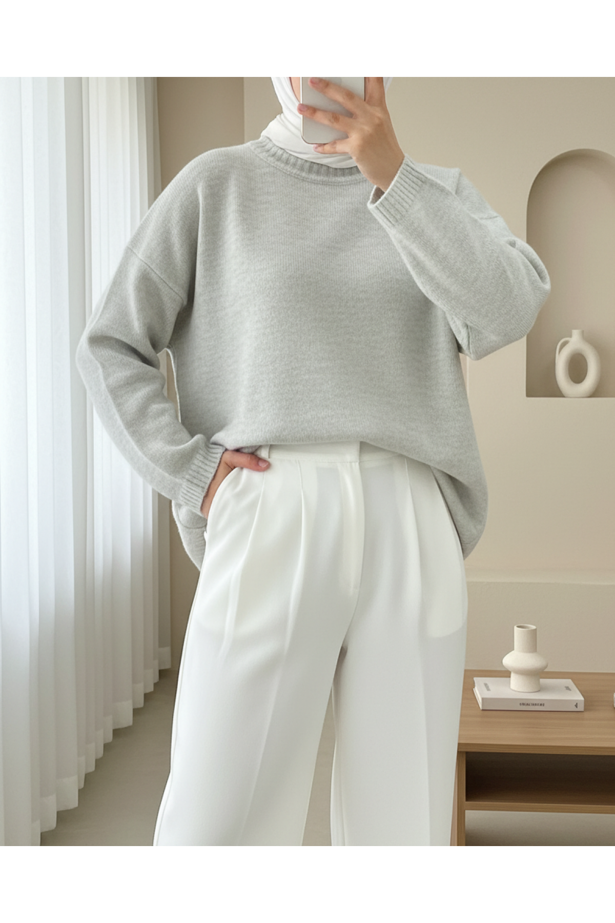Round  Neck Loose Knit Sweater -Stone