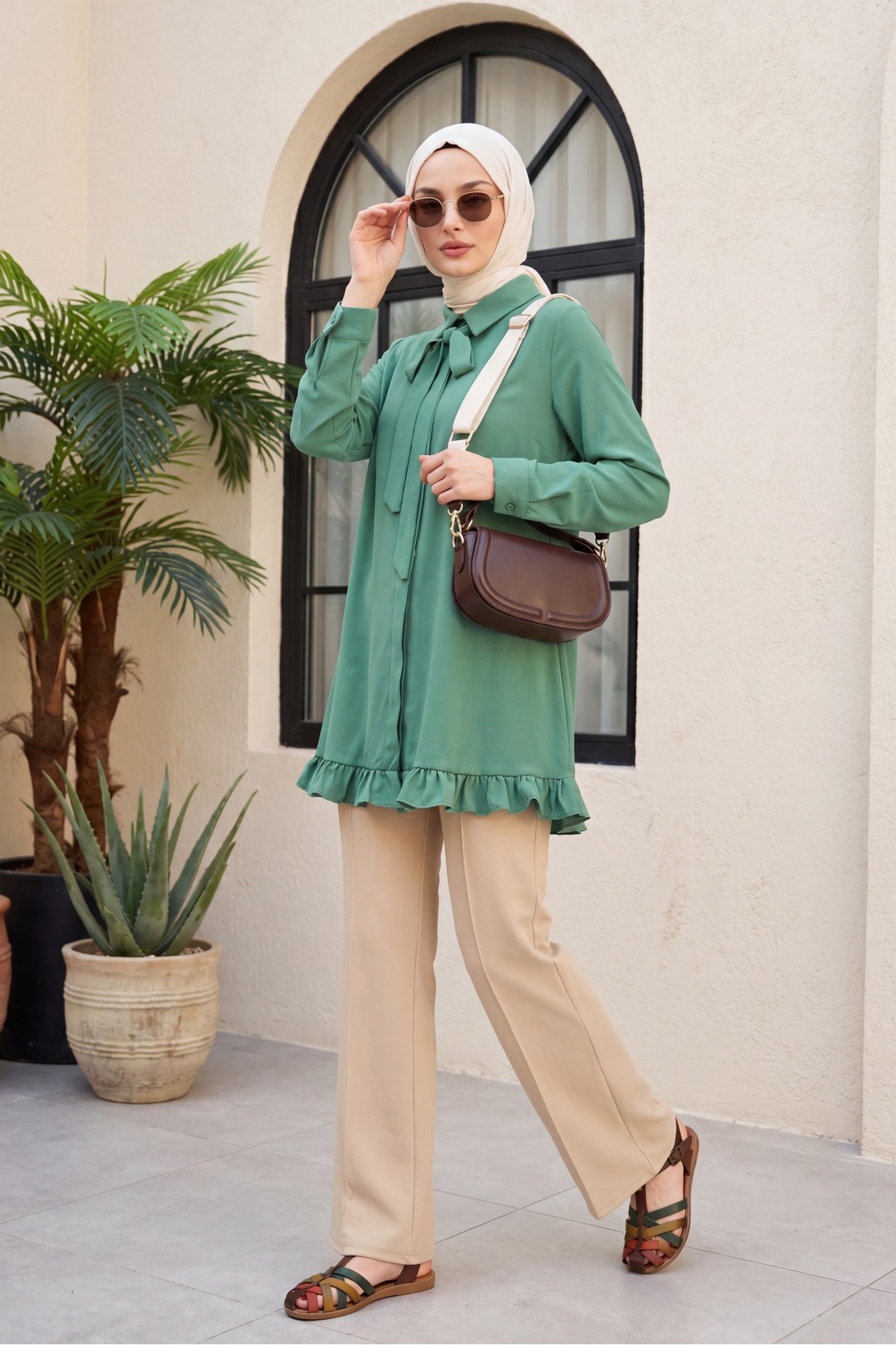 Modal Tunic with Ruffled Hem, Drawstring Waist and Hidden Buttons  -Dark green
