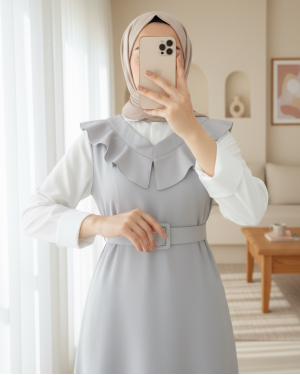 Yakası V Kemerli Uzun Jile Elbise         -Gri