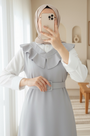 Yakası V Kemerli Uzun Jile Elbise         -Gri